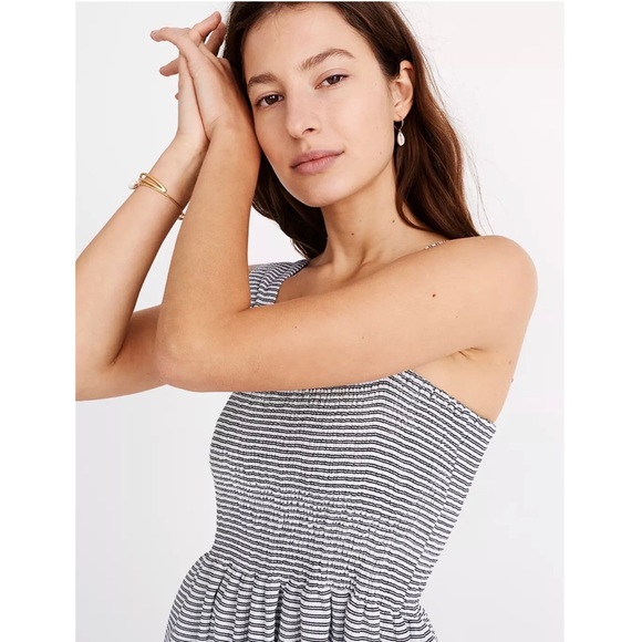 MADEWELL Texture & Thread Stripe Smocked Dress In Deep Navy Crinkle Gingham - Picture 3 of 10